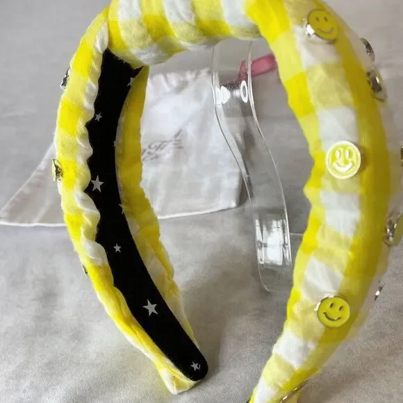 Living Fully Headband Yellow Gingham Knotted Allover Smiley Face w/ Dust Bag OS - Picture 8 of 11